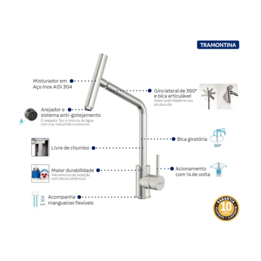 Misturador Monocomando De Mesa Para Cozinha Versa Bica Articulada Inox Tramontina - Imagem principal - ceed9c09-9a0c-421a-a574-6d5f3660d8ca