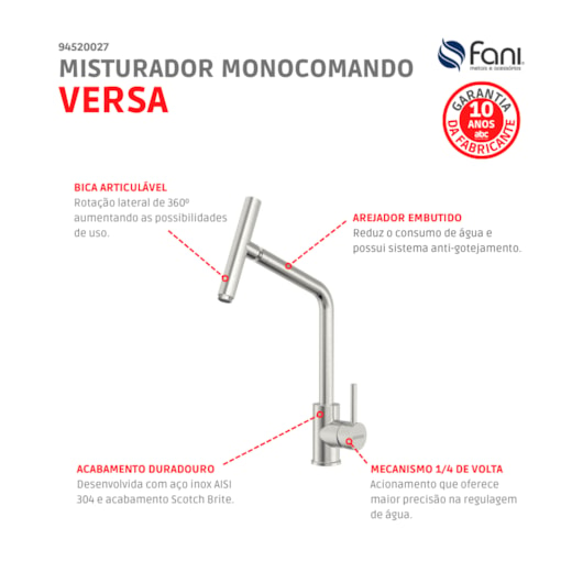 Misturador Monocomando De Mesa Para Cozinha Versa Bica Articulada Inox Tramontina - Imagem principal - 55409e25-b385-414e-9f5f-235043927f00