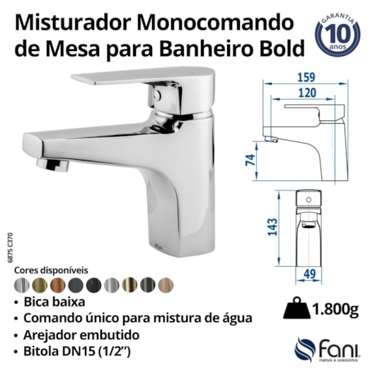 Misturador Monocomando De Mesa Para Lavatório Bica Baixa Bold 6875 BK370 Preto Fosco Fani   - Imagem principal - 35b282f6-570b-490e-91c9-73900cd15253