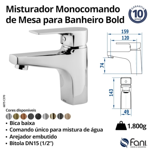 Misturador Monocomando De Mesa Para Lavatório Bica Baixa Bold 6875 BK370 Preto Fosco Fani - Imagem principal - 411beb03-0ab0-43cc-827e-5262b1120041