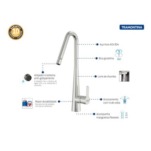 Misturador Monocomando Graceful em Aço Inox Tramontina - Imagem principal - cd55d1a1-cb52-4ed1-9525-dbd2c8ba9e2d