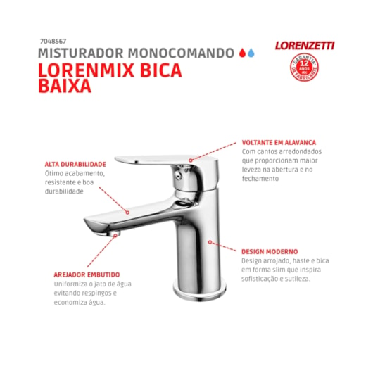 Misturador Monocomando Lavatório De Mesa Cromado 2875 C72 Lorenzetti - Imagem principal - b3aedd05-b80e-4cb5-bf6d-8a1909982384