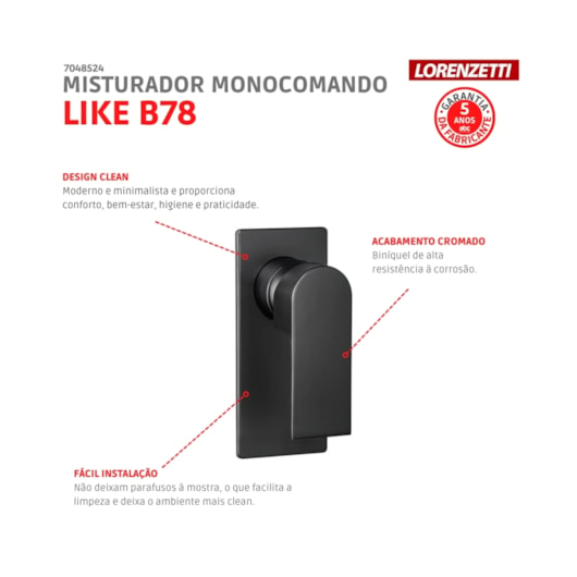 Misturador Monocomando Para Chuveiro Like B78 Black Lorenzetti - Imagem principal - 0e14c21c-ce70-4988-ad4e-8219d1e1ba2a