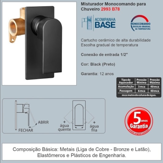 Misturador Monocomando Para Chuveiro Like B78 Black Lorenzetti - Imagem principal - aa4e2e42-1e07-4ed8-841c-02cc5c716bc4