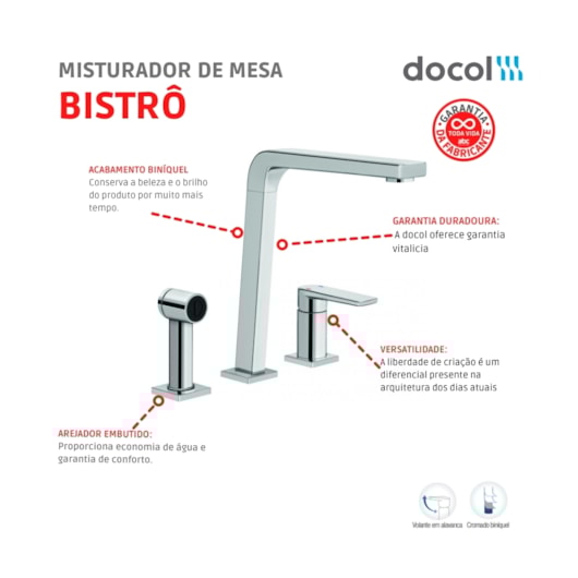 Misturador Monocomando Para Cozinha De Mesa Bistrô Com Ducha Cromada Docol - Imagem principal - 7158a915-40dd-4193-b815-c0a44115310d