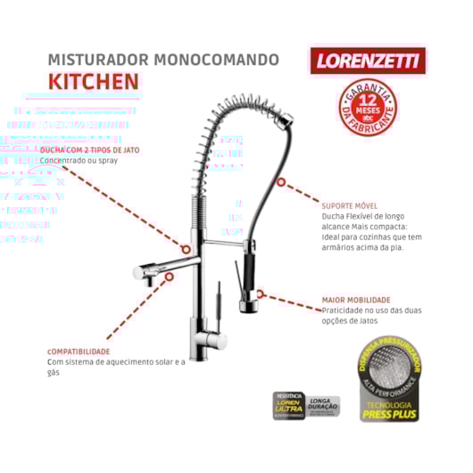 Misturador Monocomando Para Cozinha De Mesa Gourmet Kitchen Com Ducha Especial C76 2267 Cromada Lorenzetti - Imagem principal - 086f46da-1167-4ec6-8109-5cc34b85f11f