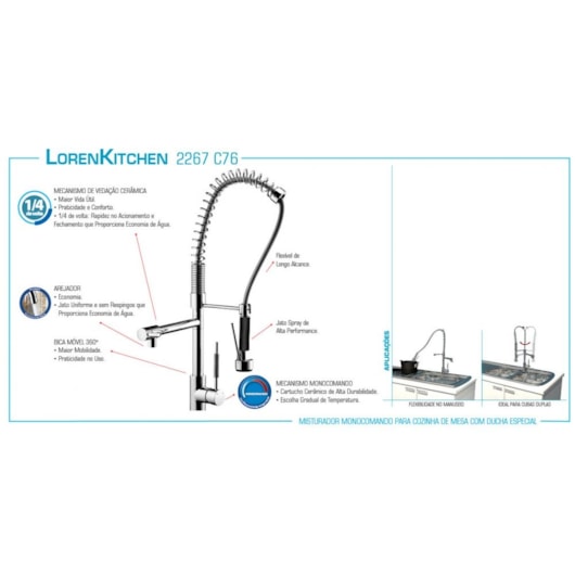 Misturador Monocomando Para Cozinha De Mesa Gourmet Kitchen Com Ducha Especial C76 2267 Cromada Lorenzetti - Imagem principal - f3af5964-a99b-46f4-8f07-05a81c6cd317