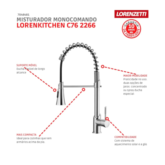 Misturador Monocomando Para Cozinha De Mesa Gourmet LorenKitchen Com Ducha C76 2266 Cromado Lorenzetti - Imagem principal - 965e5bf8-66bd-402e-a24d-b25f47b84cf0