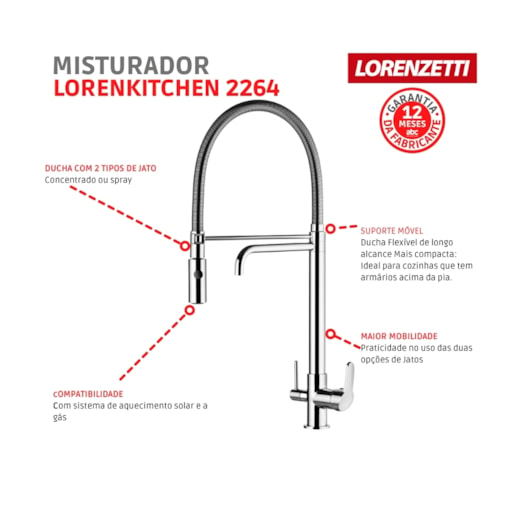 Misturador Monocomando Para Cozinha De Mesa Kitchen Com Ducha E Saída Para Água Filtrada 2264 Cromada Lorenzetti - Imagem principal - a18762ff-1f91-48cc-9f77-6f5abfc0d497