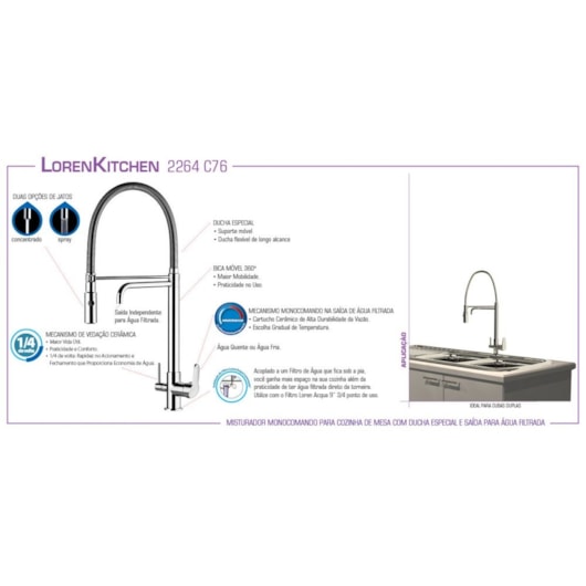Misturador Monocomando Para Cozinha De Mesa Kitchen Com Ducha E Saída Para Água Filtrada 2264 Cromada Lorenzetti - Imagem principal - 395f1dea-4260-4155-be99-706dcdaeb20b