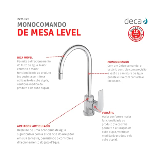 Misturador Monocomando Para Cozinha De Mesa Level Bica Móvel 2271 Cromado Deca - Imagem principal - 12ca022e-11ca-4b7e-ab6e-80ff5b50c613