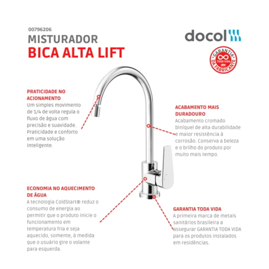 Misturador Monocomando Para Cozinha De Mesa Lift Bica Alta Cromado Docol - Imagem principal - 1875cd7b-3cda-4cd8-9654-a75053a4dc75