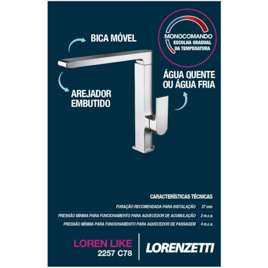 Misturador Monocomando Para Cozinha De Mesa Like 2257 C78 Cromado Lorenzetti - Imagem principal - aa1d9974-2c59-4aa4-bf05-3cc5edd5c498