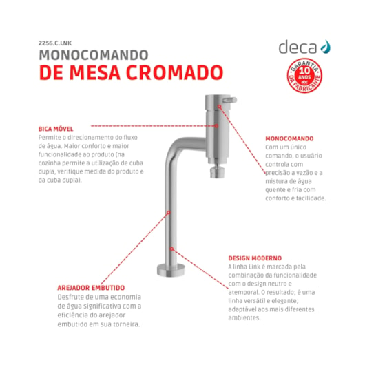 Misturador Monocomando Para Cozinha De Mesa Link Bica Alta Cromado Deca - Imagem principal - 3aff6a4b-8302-417a-9ec3-6854499f475d