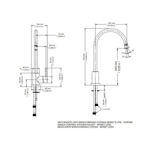 Misturador Monocomando Para Cozinha De Mesa Monet Leed Cromada Docol - Imagem principal - ee1317cf-73a3-4d88-b2e9-ec9e5f847be1