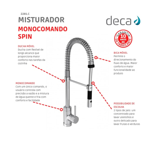 Misturador Monocomando Para Cozinha De Mesa Spin Com Ducha 2281 Cromado Deca - Imagem principal - 86ac3abc-3fdf-4232-b03a-962b62a474e8