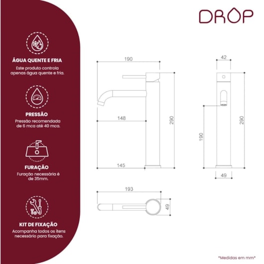 Misturador Monocomando Para Lavatório Bica Alta Black Matte Drop - Imagem principal - 25fcd68c-d3be-4b92-9d47-4ad96edb1e49