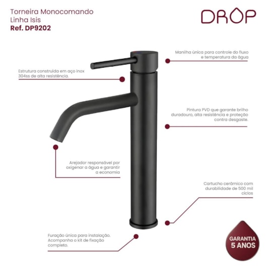 Misturador Monocomando Para Lavatório Bica Alta Black Matte Drop - Imagem principal - ec75f73f-25bd-4068-bc88-3c55fd454c62