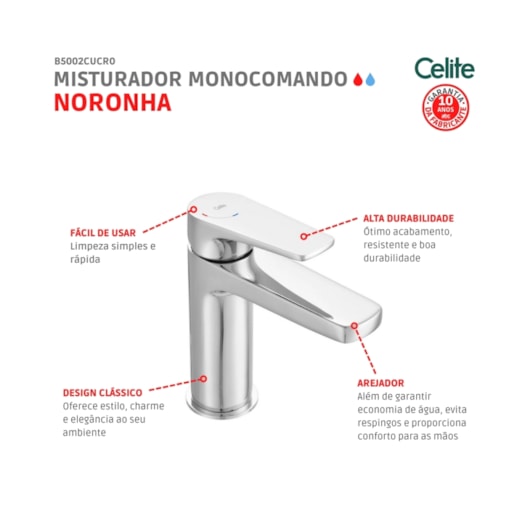 Misturador Monocomando Para Lavatório  De Mesa Bica Baixa Noronha Cromado Celite - Imagem principal - 21c69661-f23e-494a-adb4-ff59dedfebf9