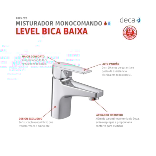 Misturador Monocomando Para Lavatório De Mesa Bica Baixo Level Cromado Deca - Imagem principal - 880d855d-6e23-46cf-9c5a-a1d1d61cd578