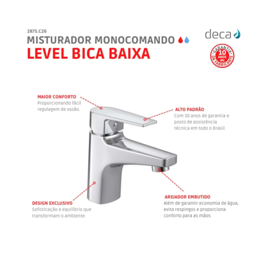 Misturador Monocomando Para Lavatório De Mesa Level Bica Baixa 2875 Cromado Deca - Imagem principal - eea98e64-1ed1-4929-a2e9-44dadd88869c