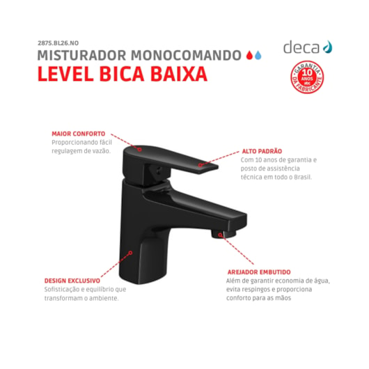 Misturador Monocomando Para Lavatório De Mesa Level Bica Baixa Black Noir Deca - Imagem principal - 1b735a99-de68-4852-a1e5-6bd5dd198728