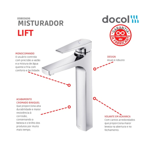 Misturador Monocomando Para Lavatório De Mesa Lift Bica Alta Cromado Docol - Imagem principal - a2f6ff56-ea77-438a-8441-98b042c34479