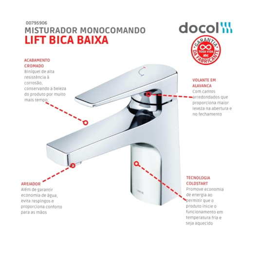 Misturador Monocomando Para Lavatório De Mesa Lift Bica Baixa Cromado Docol - Imagem principal - bac1586a-05ac-4517-88a6-bc43d5aafbf1