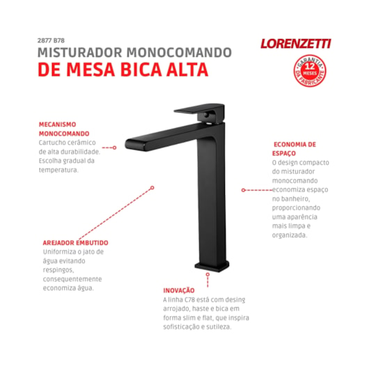 Misturador Monocomando Para Lavatório De Mesa Like Bica Alta B78 2877 Black Lorenzetti - Imagem principal - 18c614eb-d75c-4549-a6f2-5fe31defd91d