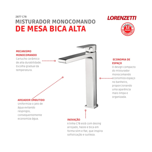 Misturador Monocomando Para Lavatório De Mesa Like Bica Alta C78 2877 Cromada Lorenzetti - Imagem principal - 3de065b2-030c-4f8f-8778-0ca908bcffd0