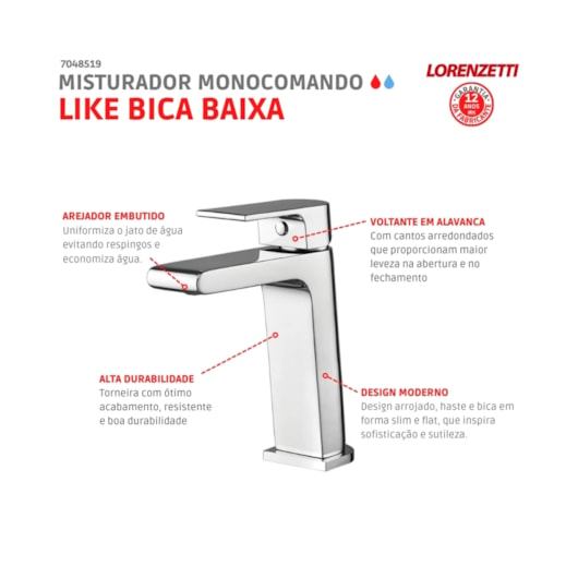 Misturador Monocomando Para Lavatório De Mesa Like Bica Baixa C78 2875 Cromada Lorenzetti - Imagem principal - 3cf493eb-e5e8-44f6-ba9c-e41b68dc1b70