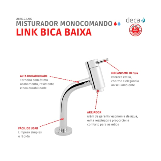 Misturador Monocomando Para Lavatório De Mesa Link Bica Baixa 2875 Cromado Deca - Imagem principal - b7e02416-4df3-4524-a9d4-4f693667263c