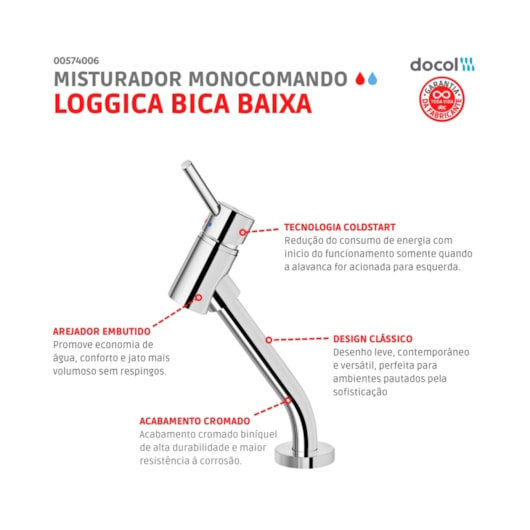 Misturador Monocomando Para Lavatório De Mesa Loggica Bica Baixa Cromado Docol - Imagem principal - 6d50a1c9-ee91-4429-9af3-5fb2b3256449