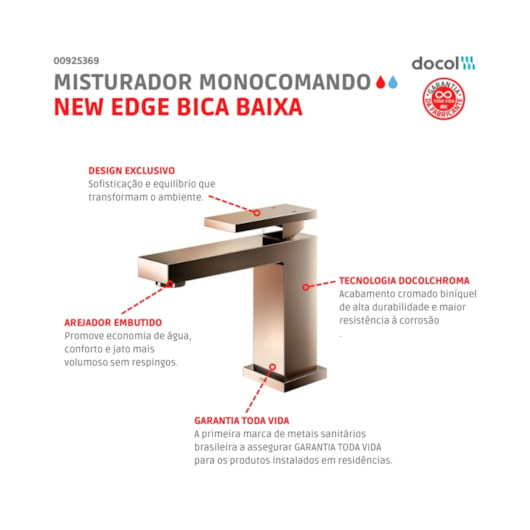 Misturador Monocomando Para Lavatório De Mesa New Edge Bica Baixa Cobre Escovado Docol - Imagem principal - d731724c-e862-40f8-a138-6902d0562f17