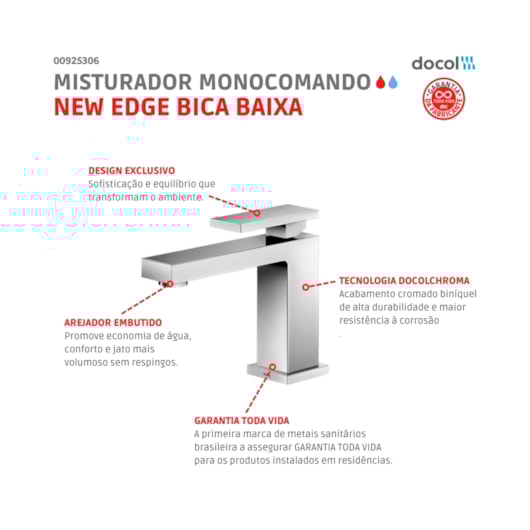 Misturador Monocomando Para Lavatório De Mesa New Edge Bica Baixa Cromado Docol - Imagem principal - 13a5ef38-1f87-4f52-97f6-b80aaae9617e