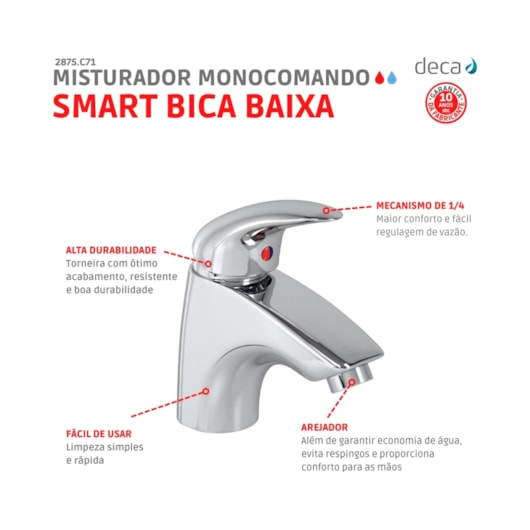 Misturador Monocomando Para Lavatório De Mesa Smart Bica Baixa 2875 Cromado Deca - Imagem principal - 3ab9d8f9-c7e6-4f4e-a933-54fe757119a7