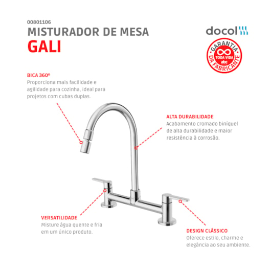 Misturador Para Cozinha De Mesa Gali Cromado Docol - Imagem principal - 44b5568d-7039-4346-8576-066c002cf682