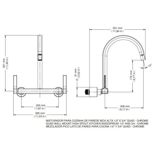 Misturador Para Cozinha De Parede Bica Alta Quad 1/2