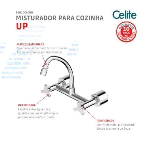 Misturador Para Cozinha De Parede Up Cromada Celite - Imagem principal - f5342748-7eb4-4b99-ad03-db608d54c73b
