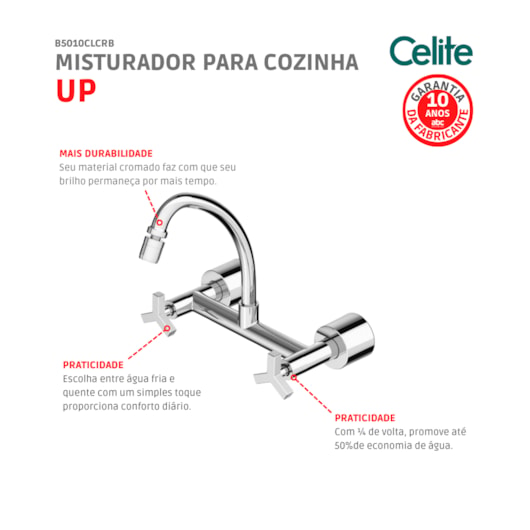 Misturador Para Cozinha De Parede Up Cromada Celite - Imagem principal - ed169b87-6ff6-4a5c-9c37-5ad4890c0764
