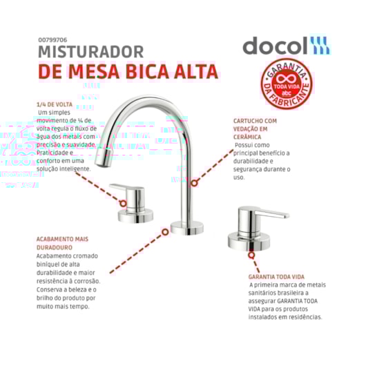 Misturador Para Lavatório De Mesa Bica Alta Gali Cromado Docol - Imagem principal - 6264e46d-c6a8-416f-80a0-ef028bc69c20