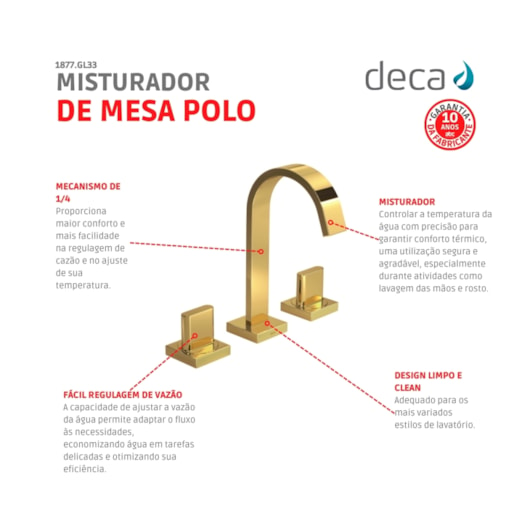 Misturador Para Lavatório De Mesa Bica Alta Polo 1877 Gold Deca - Imagem principal - d81af481-cd4c-4405-9103-44500de12b1d