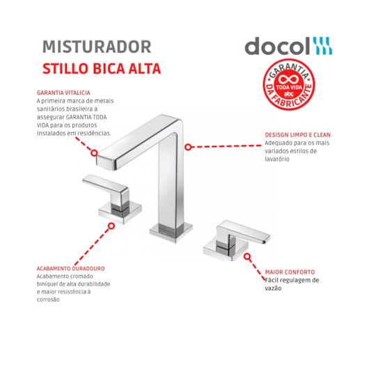 Misturador Para Lavatório De Mesa Bica Alta Stillo Cromado Docol - Imagem principal - 02f16570-134b-4790-b81c-4c44de123c5a