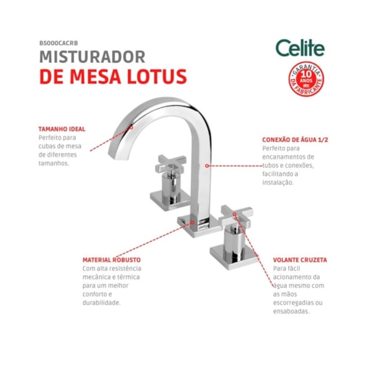 Misturador Para Lavatório De Mesa Com Bica Alta Válvula Lotus Cromada Celite - Imagem principal - d5ffda8a-34a2-4794-ac05-f634ccf34bad