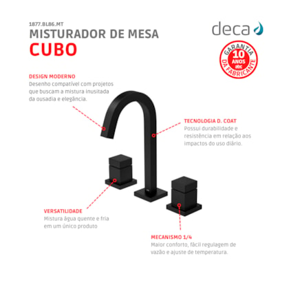 Misturador Para Lavatório De Mesa Cubo Bica Alta 1877 Black Matte Deca