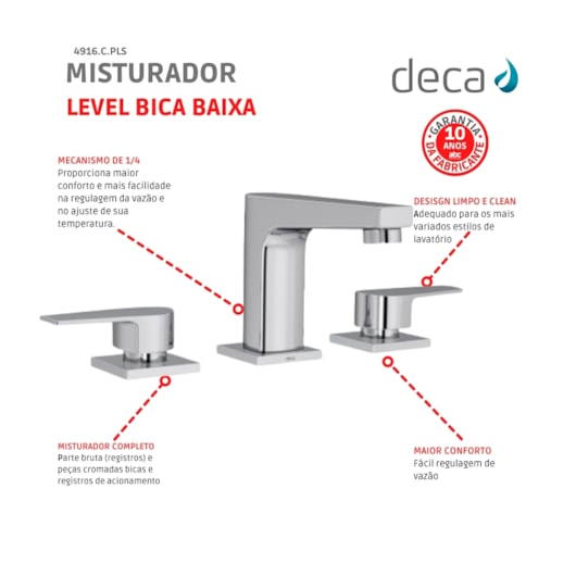 Misturador Para Lavatório De Mesa Level Bica Baixa Cromado Deca - Imagem principal - f3db6084-efc4-4f95-a129-7fcc6b5eff1a