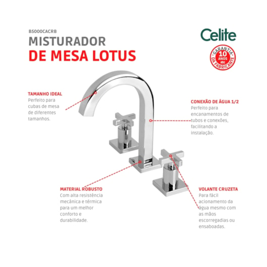 Misturador Para Lavatório De Mesa Lotus Bica Alta Cromada Celite - Imagem principal - 0b948539-7954-4ada-bf23-81e39ad4ed0e