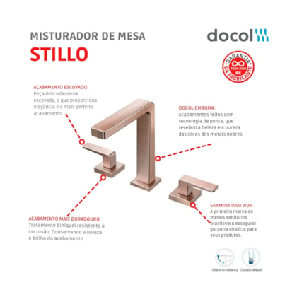 Misturador Para Lavatório De Mesa Stillo Bica Baixa Cobre Escovado Docol