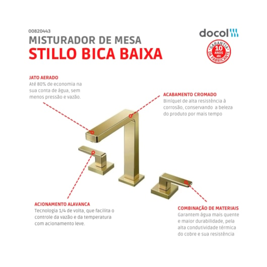 Misturador Para Lavatório De Mesa Stillo Bica Baixa Ouro Polido Docol - Imagem principal - 8ce7d135-59ba-4274-a3f5-3e3e3f6616a9