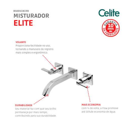 Misturador Para Lavatório De Parede Elite Cromada Celite - Imagem principal - 2f8395fa-9785-43ac-9a0c-ac784f5bad96